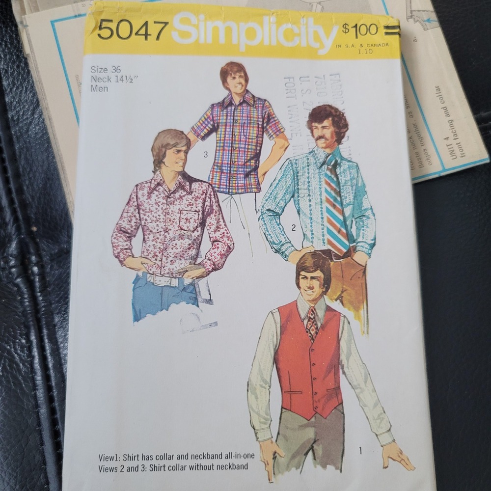 Vintage Simplicity 5047 Mens Shirt and Vest Sewing Pattern Size 36 Uncut 1972
